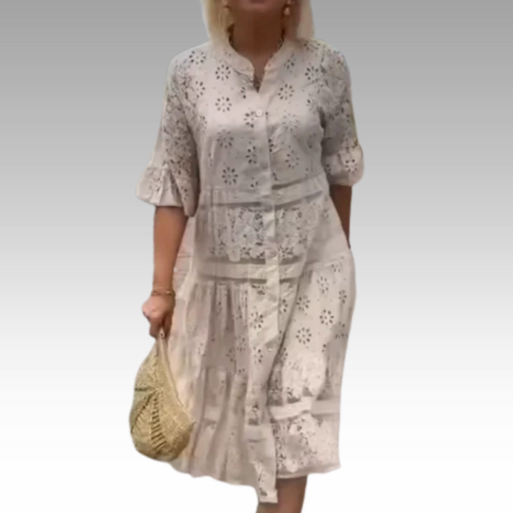 Emberly™ – Locker sitzendes Kleid mit Stickerei und Knopfleiste