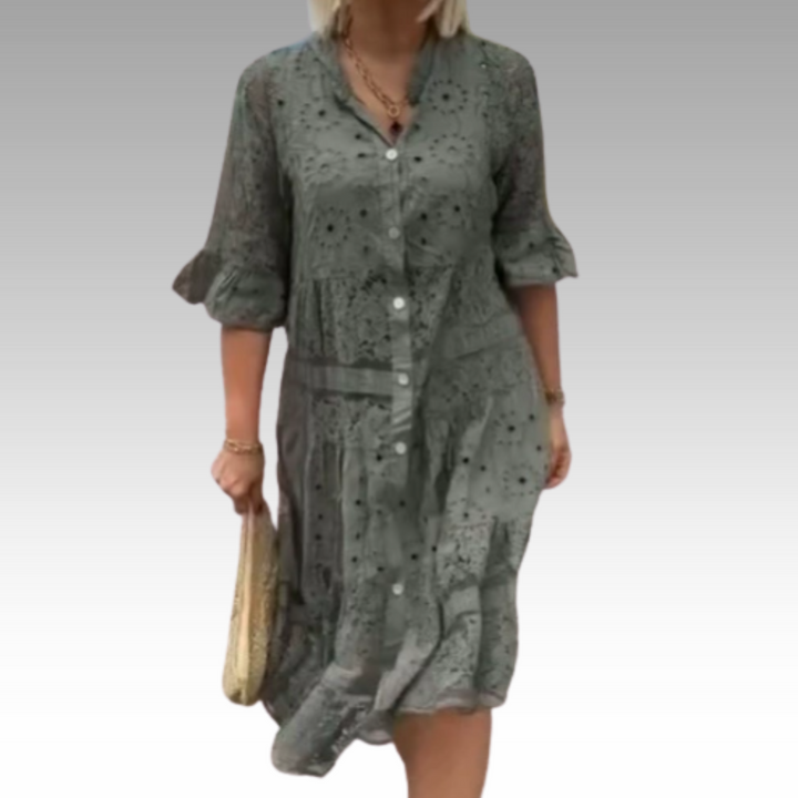 Emberly™ – Locker sitzendes Kleid mit Stickerei und Knopfleiste
